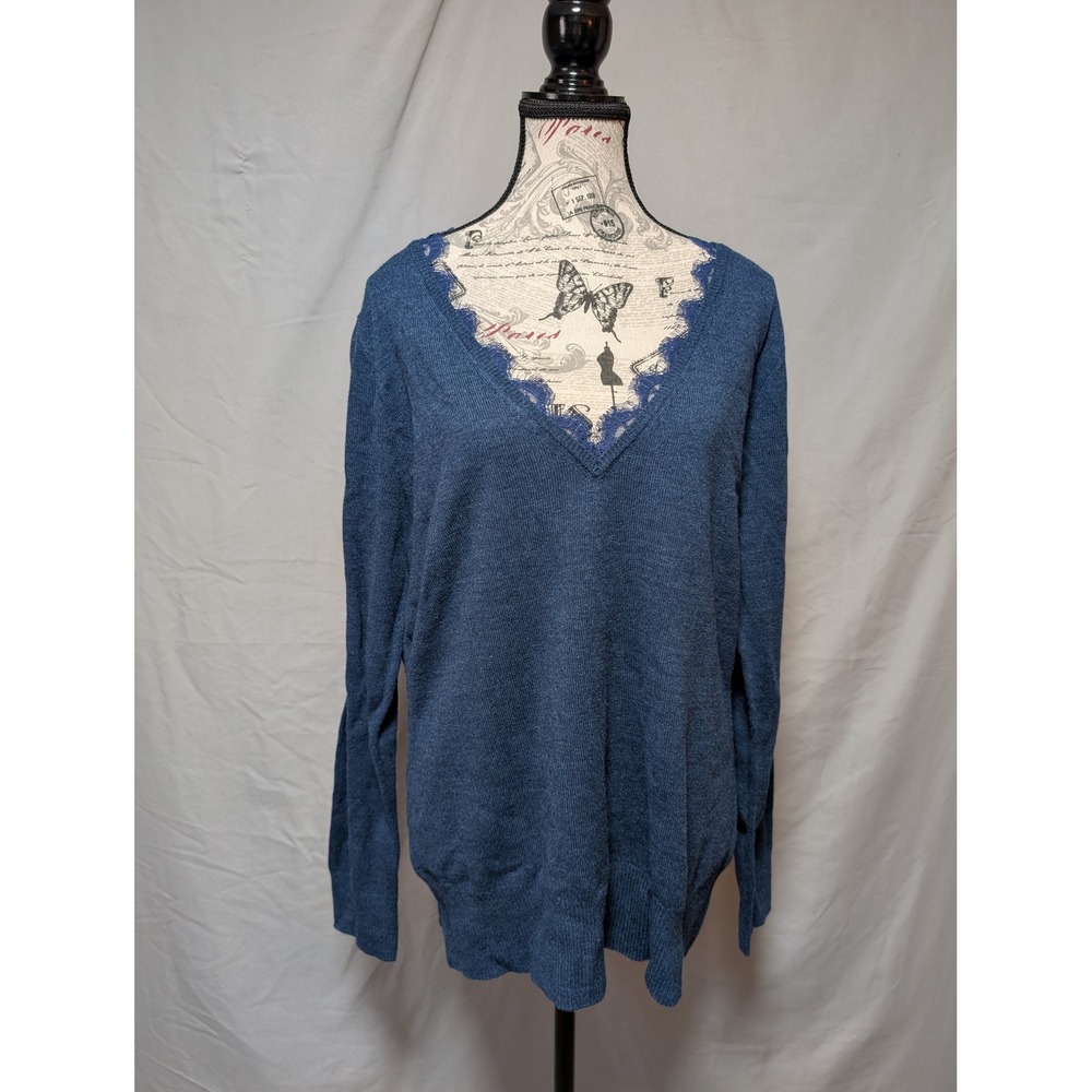 New York & Company Blue Scalloped Lace Trim Plunging V-Neck Sweater Women's XL